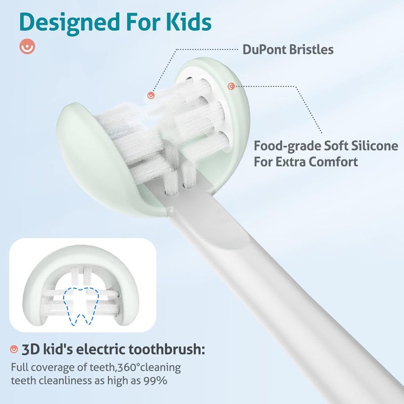 RAZOKO Kids Electric Toothbrush 3 Sided Toothbrush,Sonic Toddler Toothbrush with 2 Brush Heads, Intelligent Timer 5 Gears Adjustment,Ipx7 Waterproof,USB Cable - Image 3